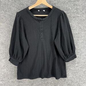 Unbranded Blouse Women L Large Black 1/2 Button 3/4 Sleeve Round Neck Cotton